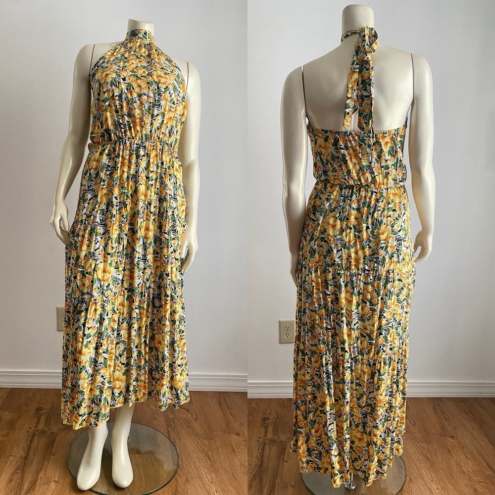 Minipeach Halter Maxi Dress Large Yellow Tropical Floral Hawaiian Nautical Vacay